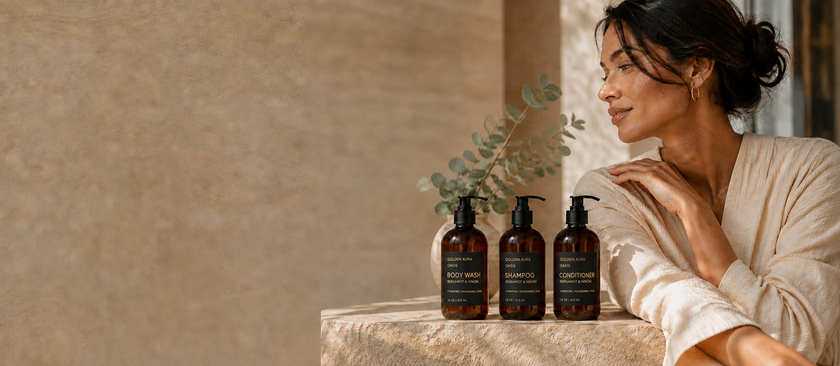 Golden Aura Oasis Bergamot and Hinoki body wash, shampoo and conditioner with woman in spa